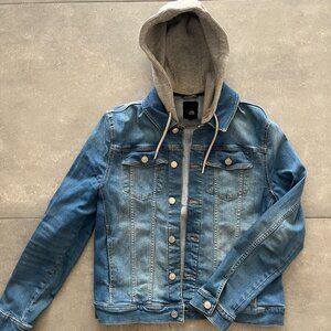 River Island Size LARGE Cropped Denim Jacket with Detachable Hood